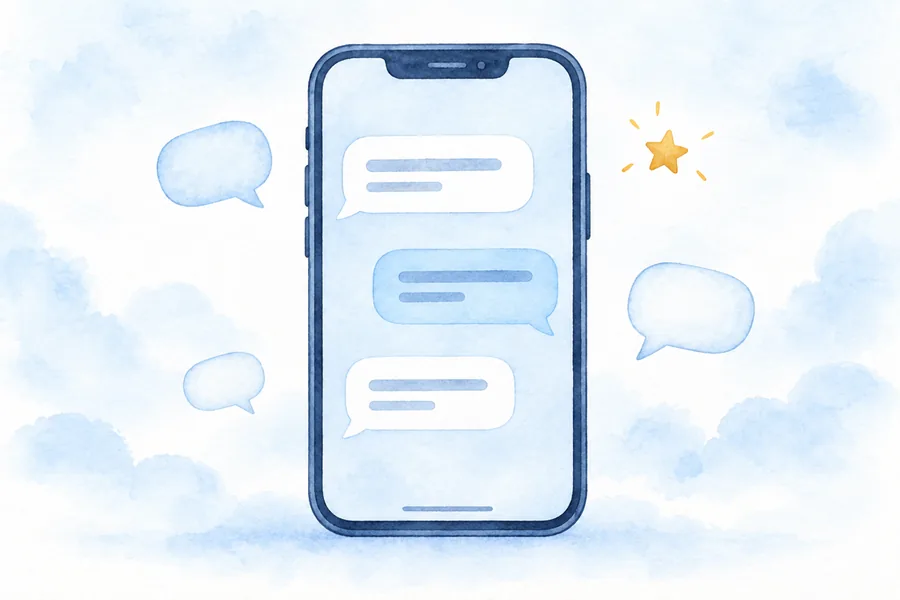 チャット画面が映ったスマートフォンの水彩イラスト