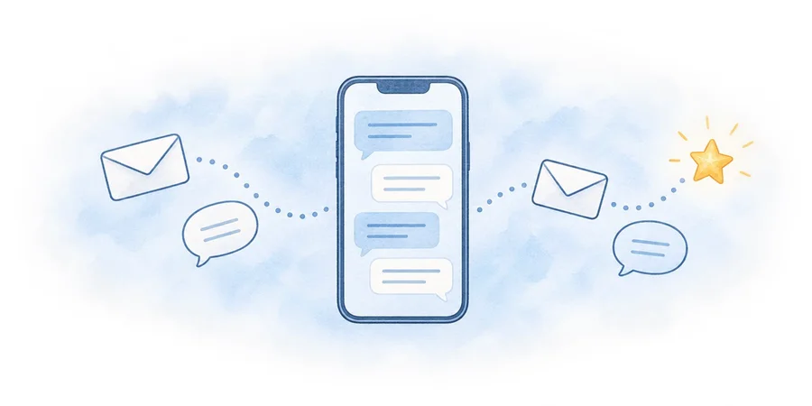 スマートフォンのチャット画面と封筒の水彩イラスト